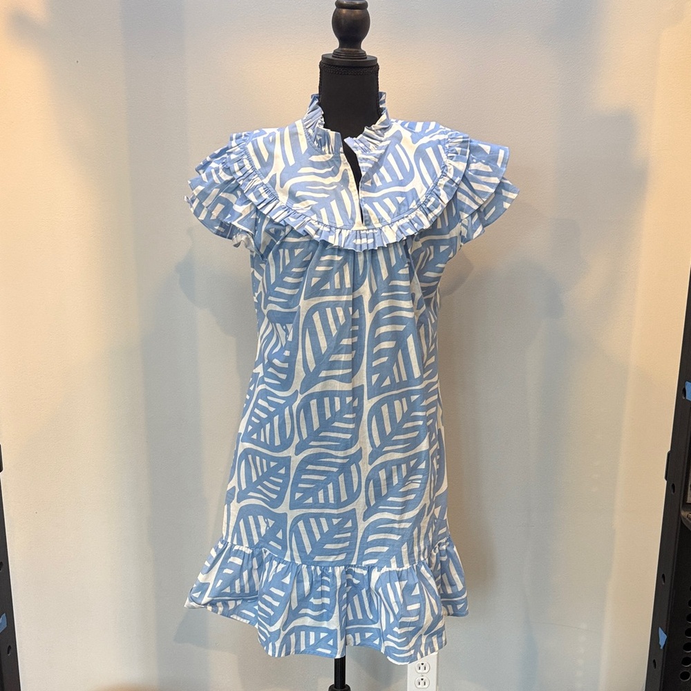 Blue and White Leaf-Print Ruffle Midi Dress